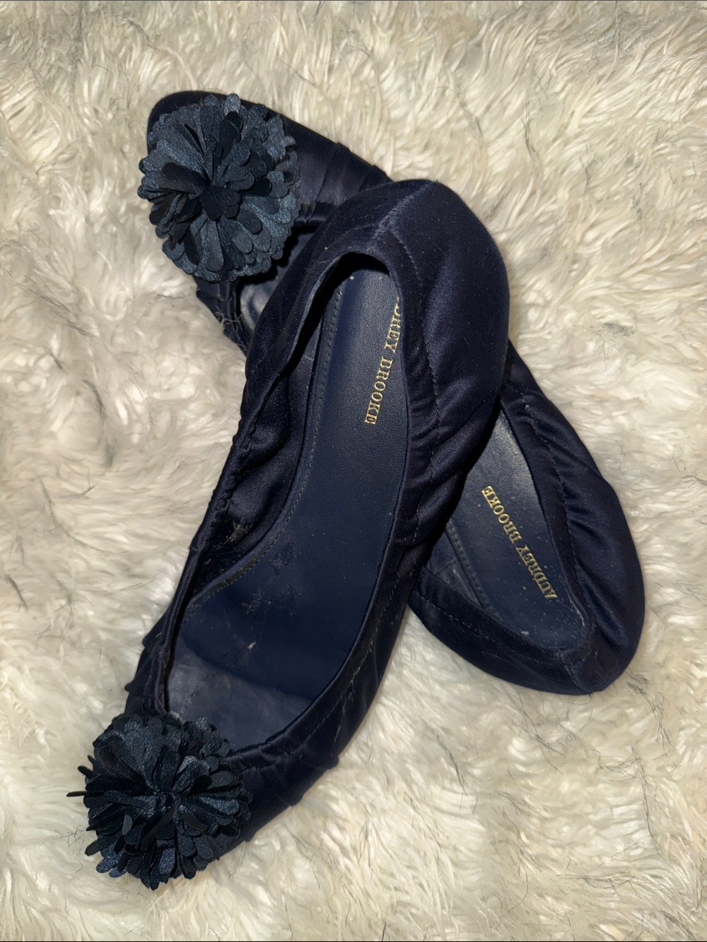 Audrey Brooke Navy Satin Ballet Flats with Pom Pom Accent